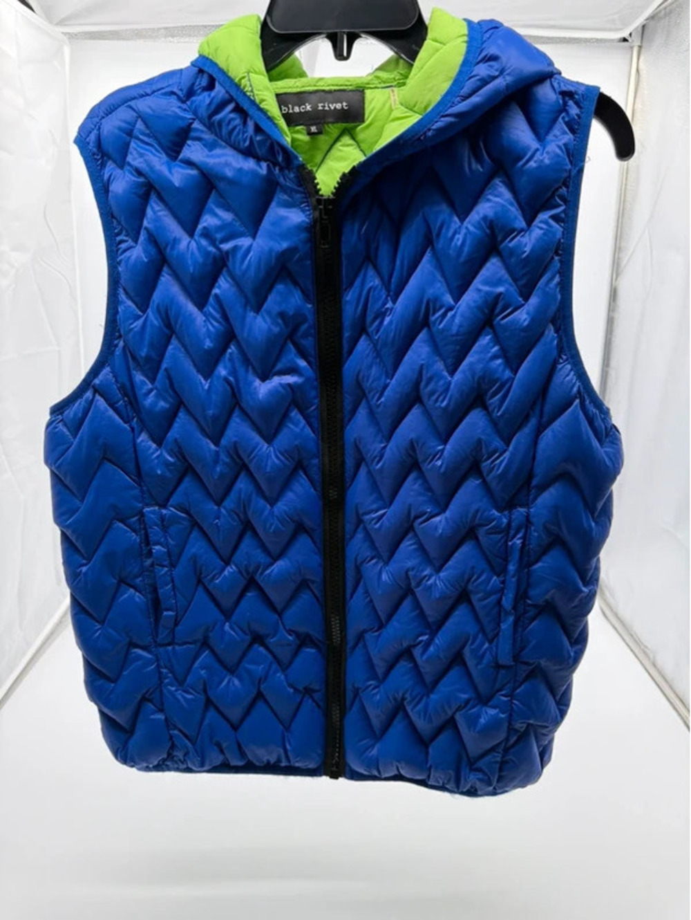 Black Rivet Blue Quilted Hooded Puffer Vest XL Lime Green Lining